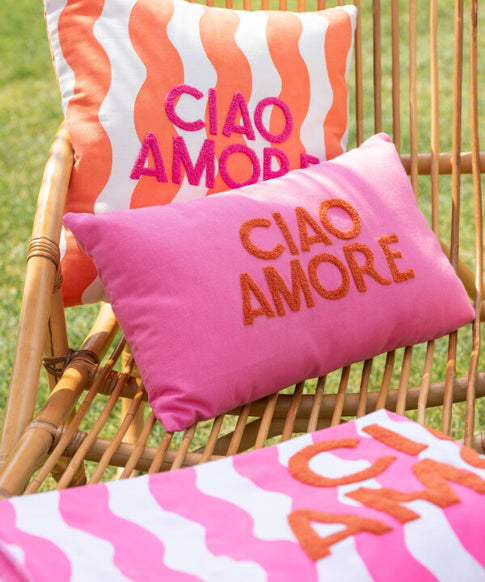 Coussin Ciao Amore coloré rose et orange