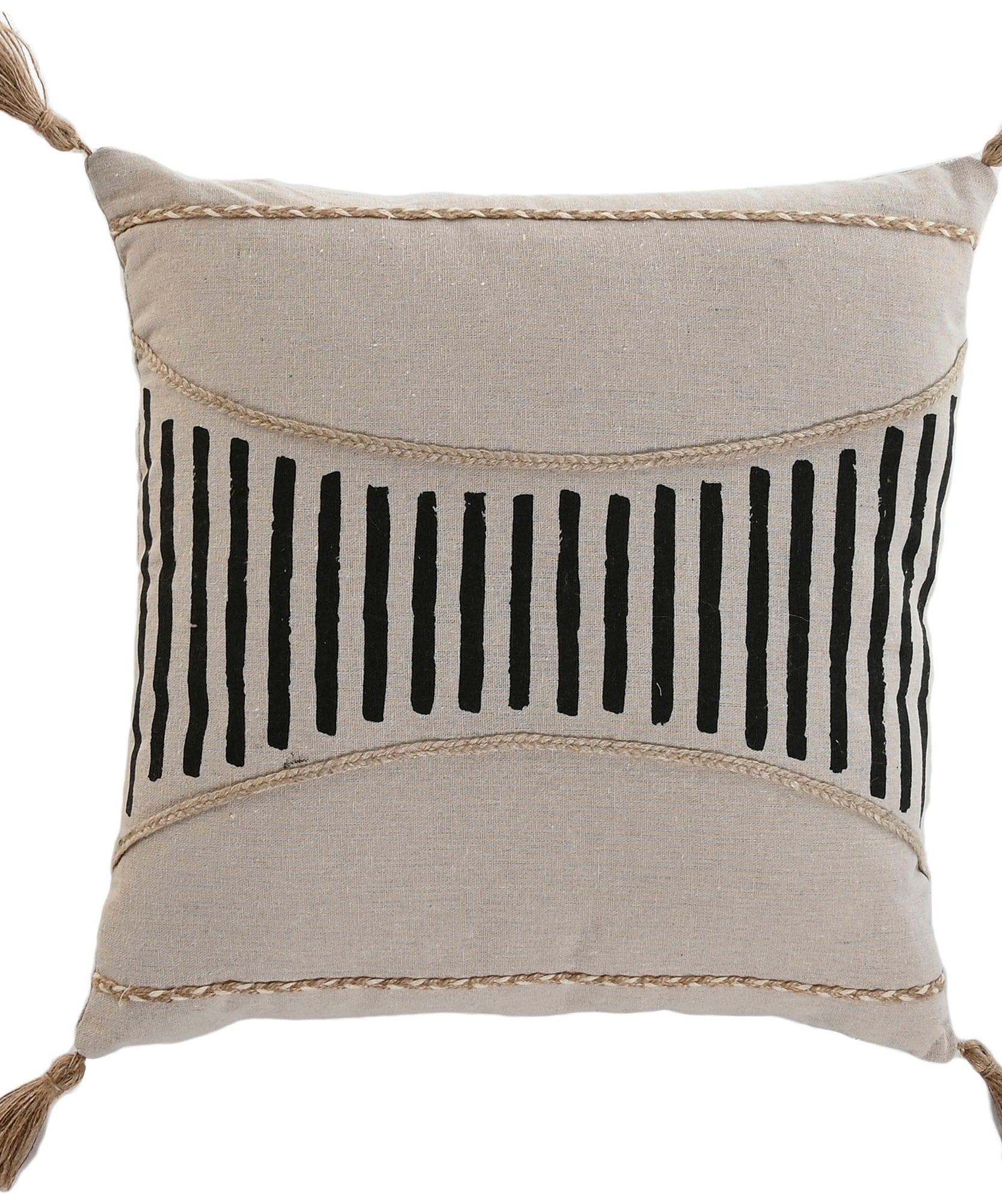 Coussin noir et beige à pompons
