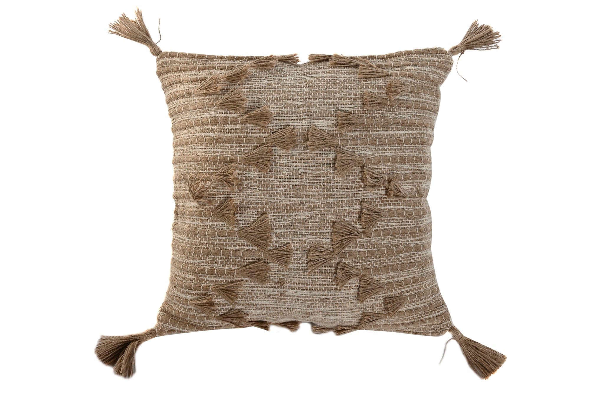 Coussin brun et jute avec pompons