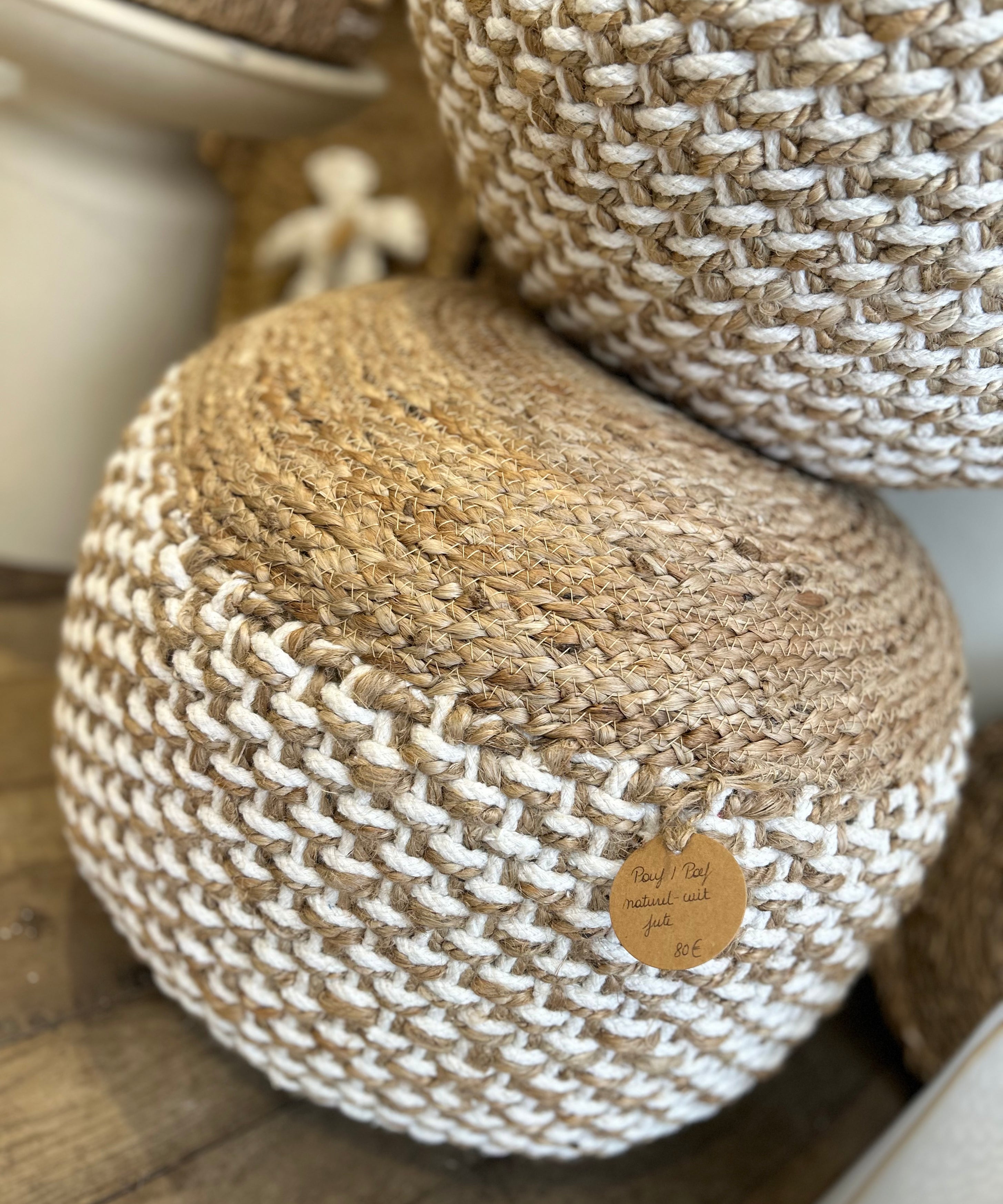 Pouf rond jute naturel blanc