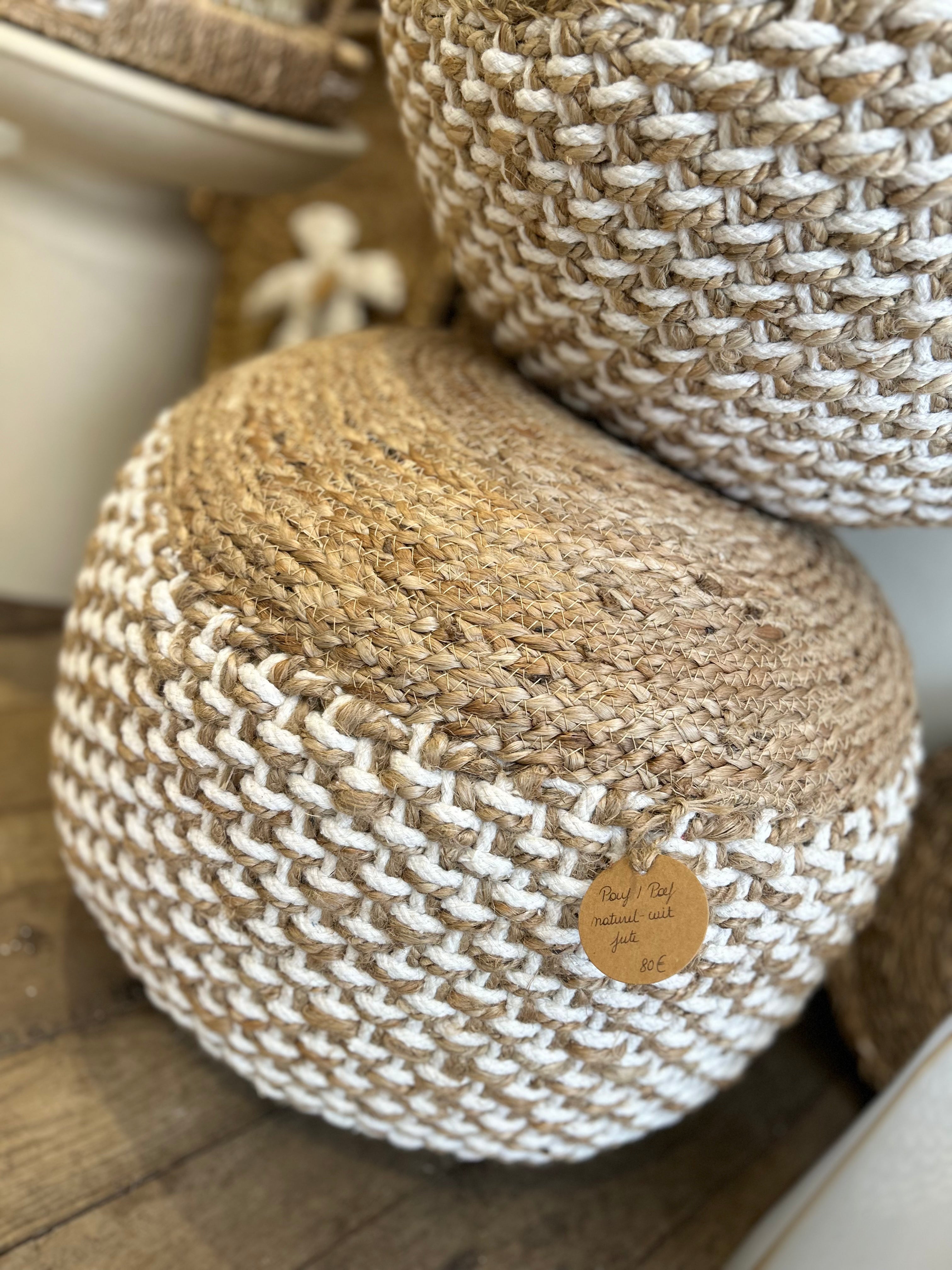 Pouf rond jute naturel blanc